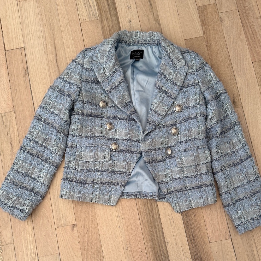 Bardot Pastel Blue Tweed Double-Breasted Blazer